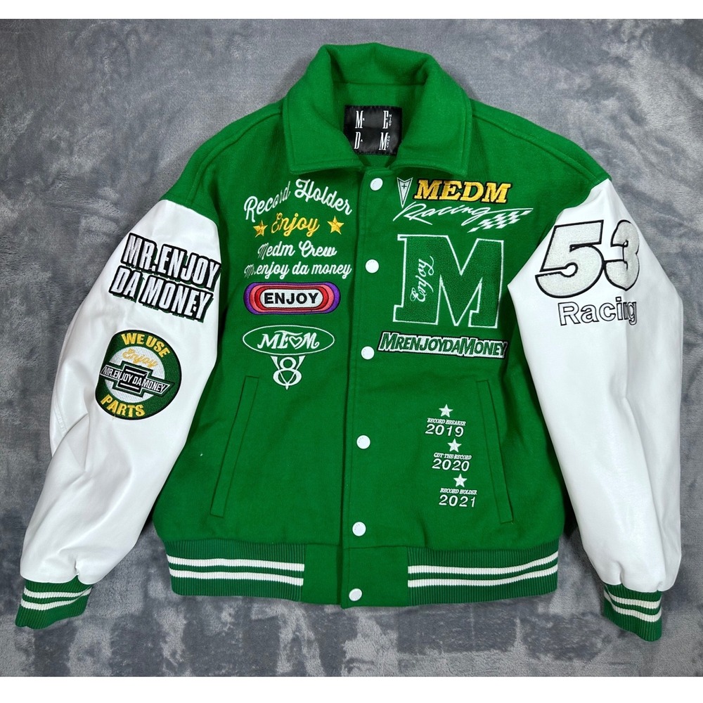 MEDM Mr Enjoy Da Money Racing Varsity Jacket Green White Wool Blend Mens M